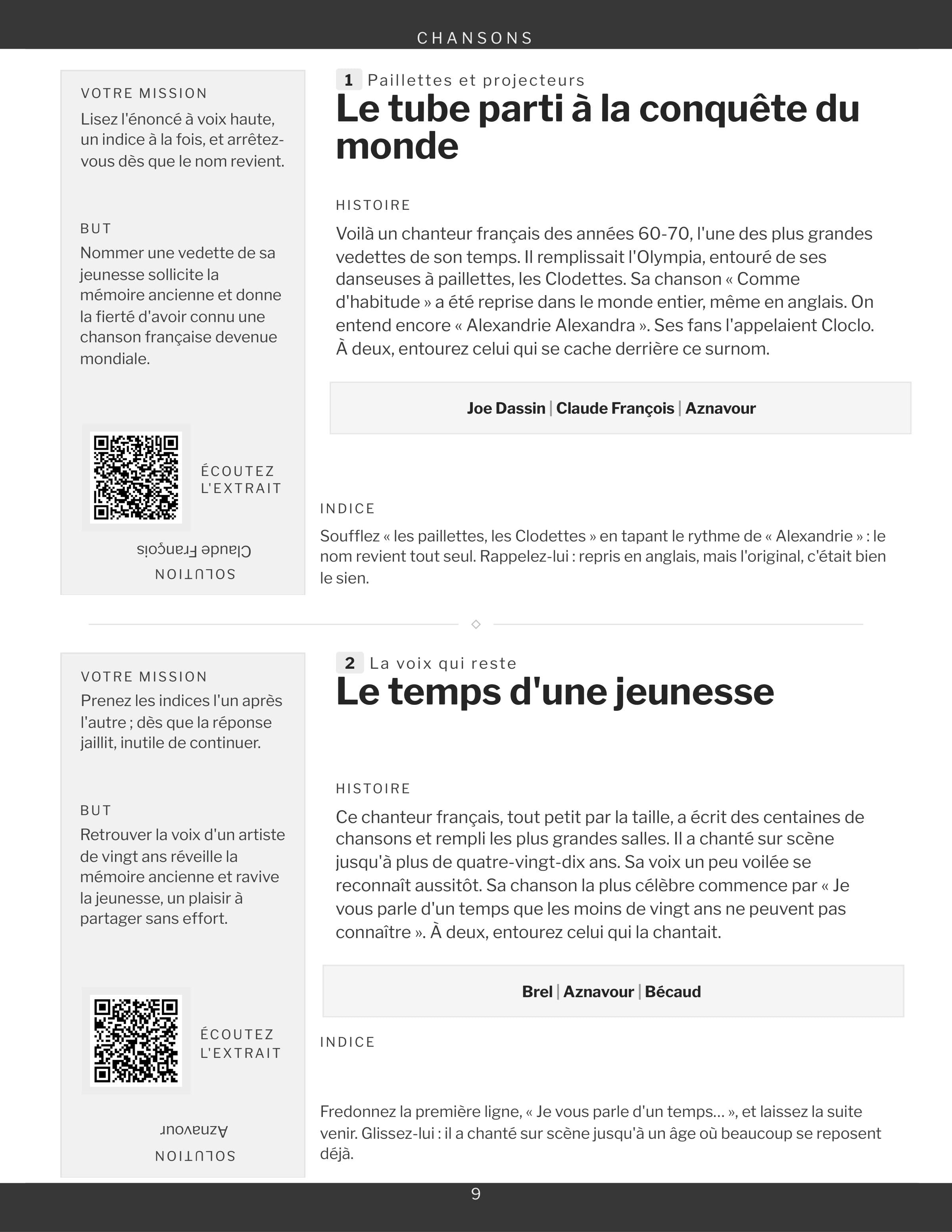 Une page de la rubrique Chansons, deux jeux et leur carré à photographier
