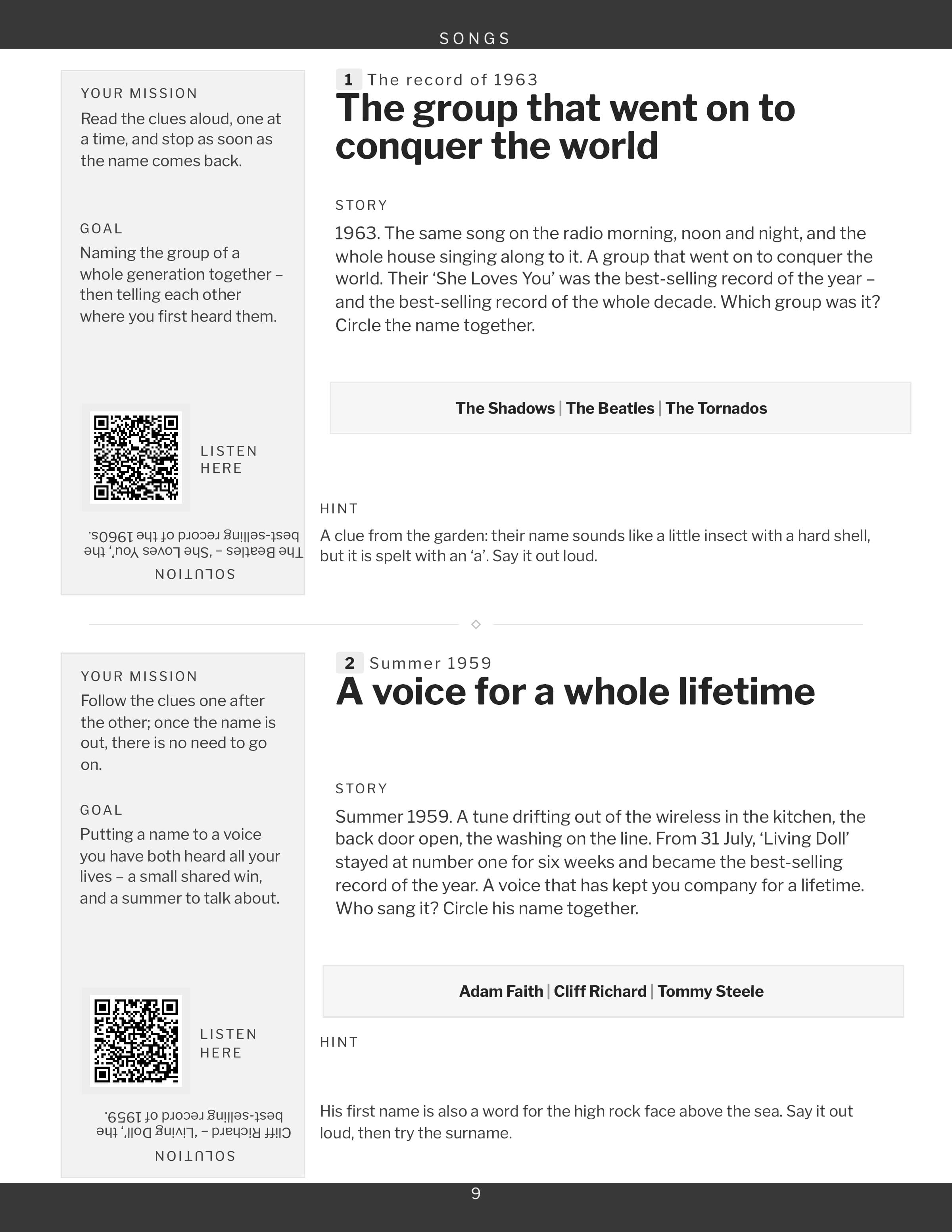 A page from the Songs section, two games and their square to take a picture of