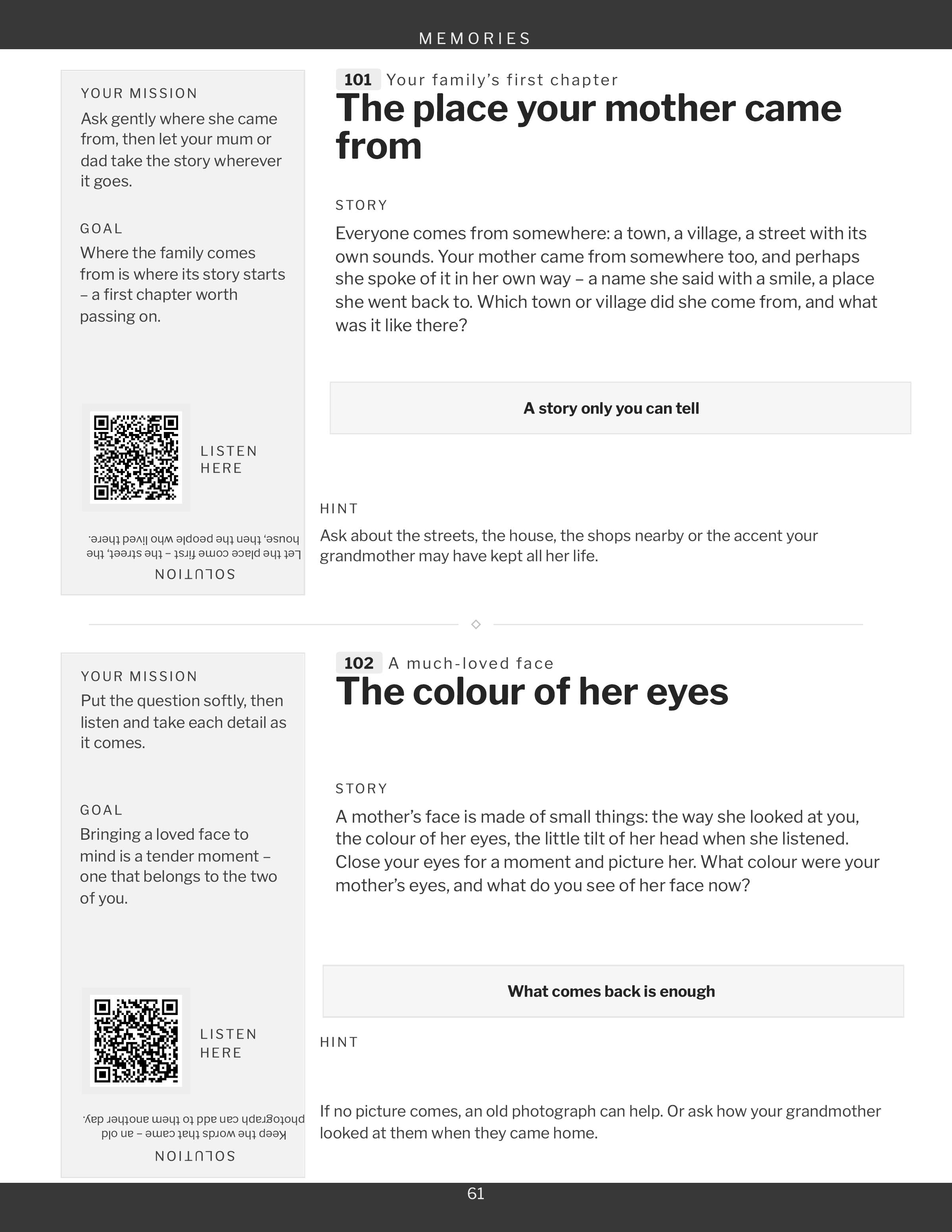 A page from the Memories section, two games and their square